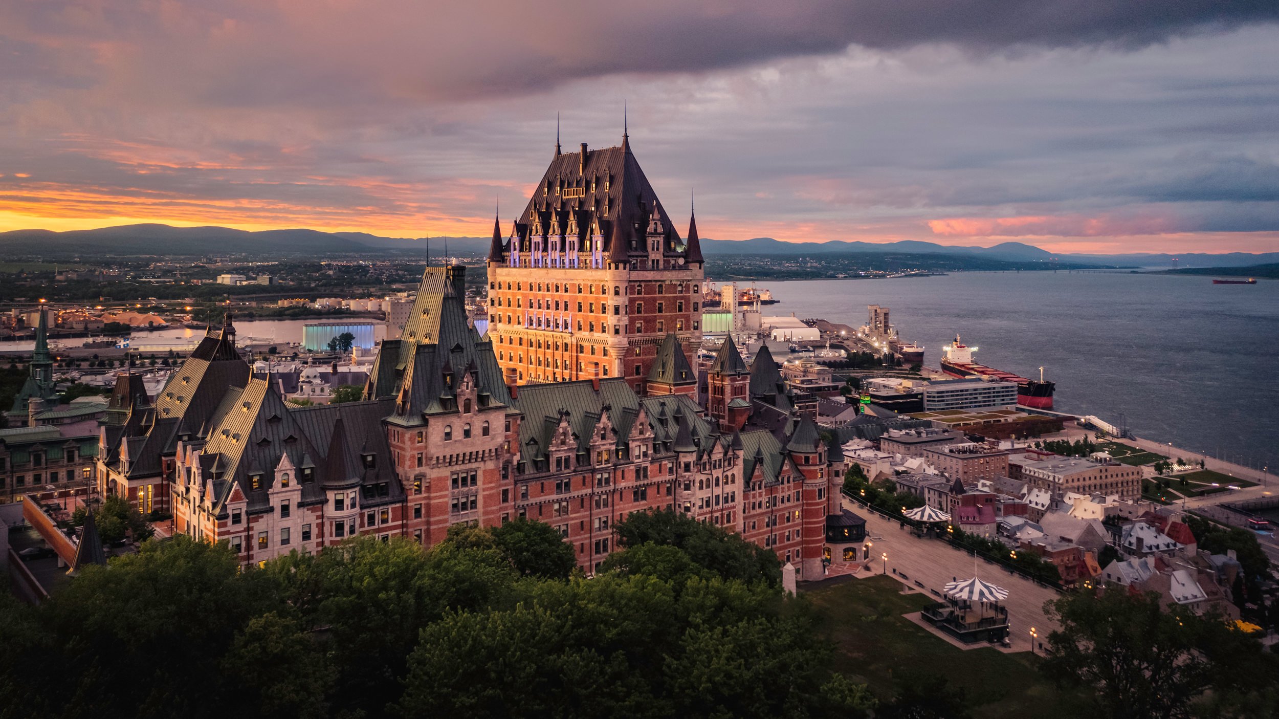 aerial shot of chateau frontenac at dawn