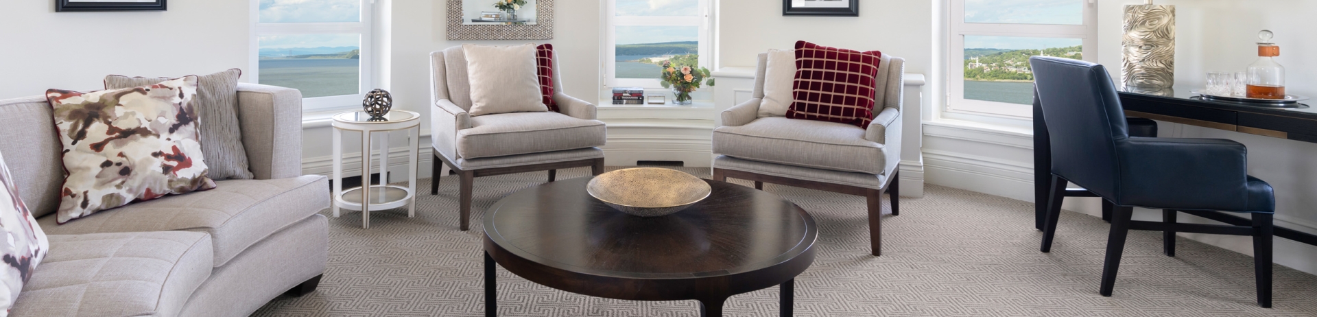 circular living room with desk