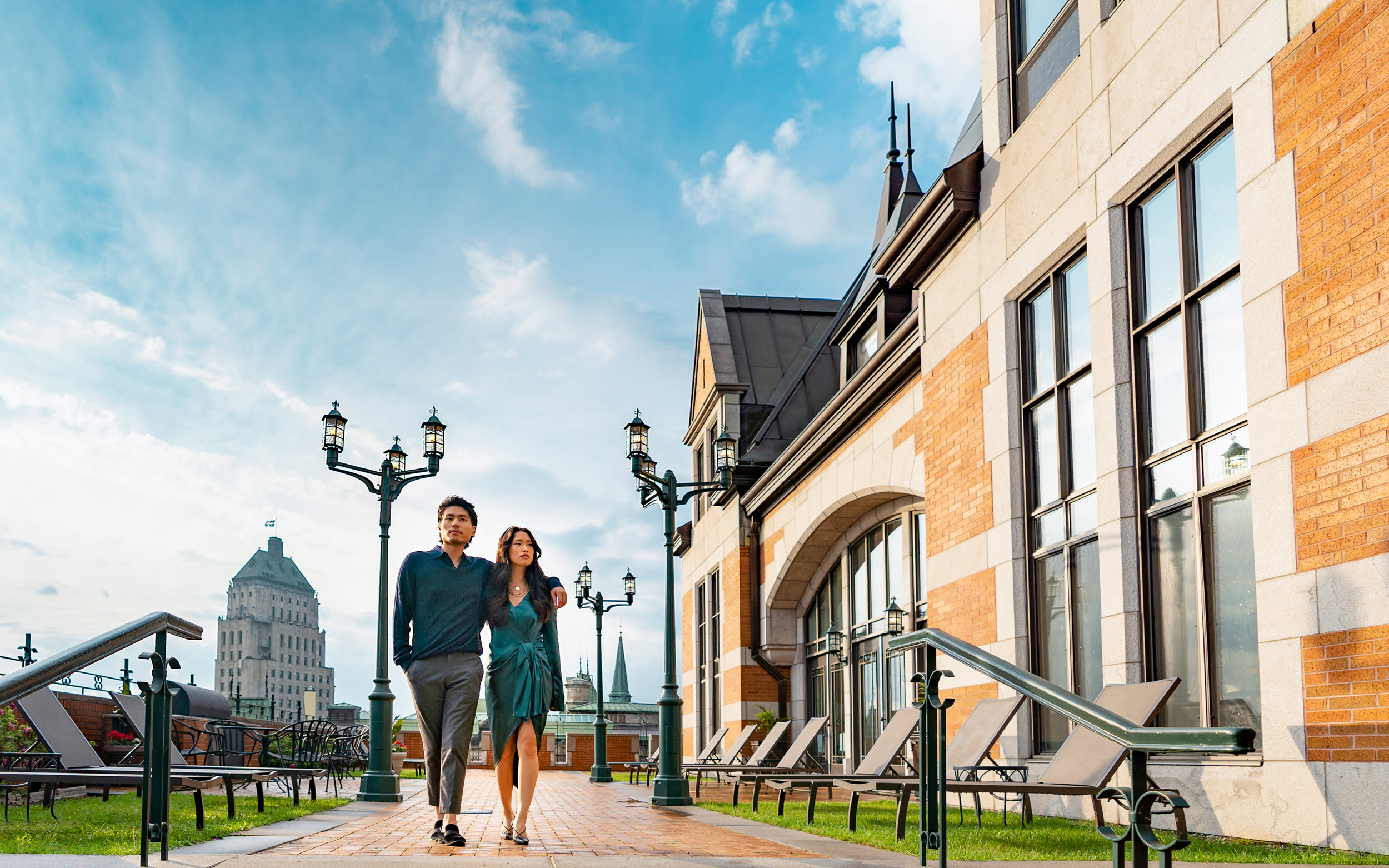 A couple walking through town