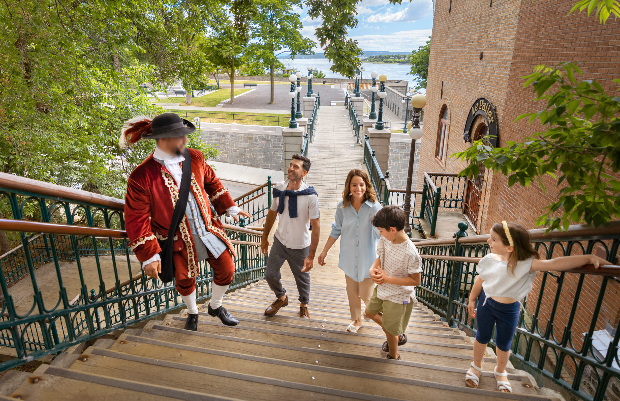 tour guide leading a family through old quebec