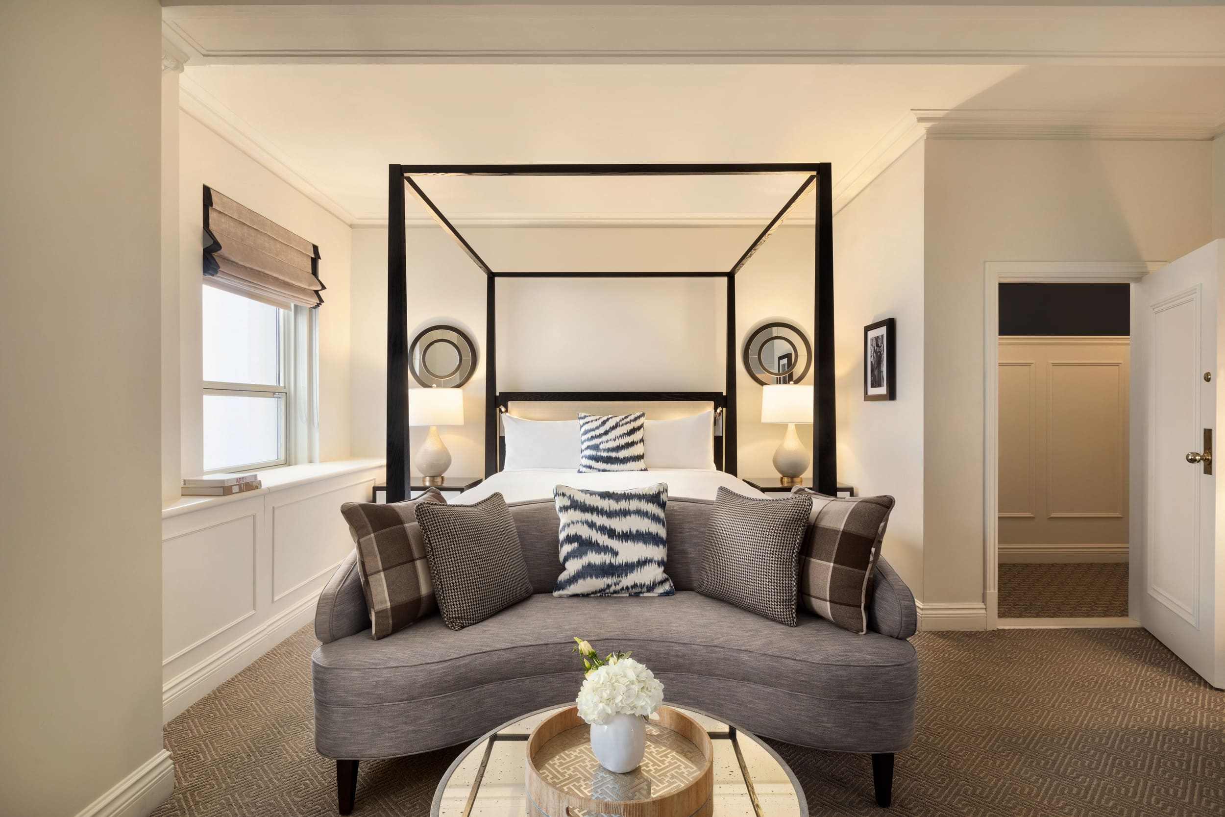 straight on view of bed and couch