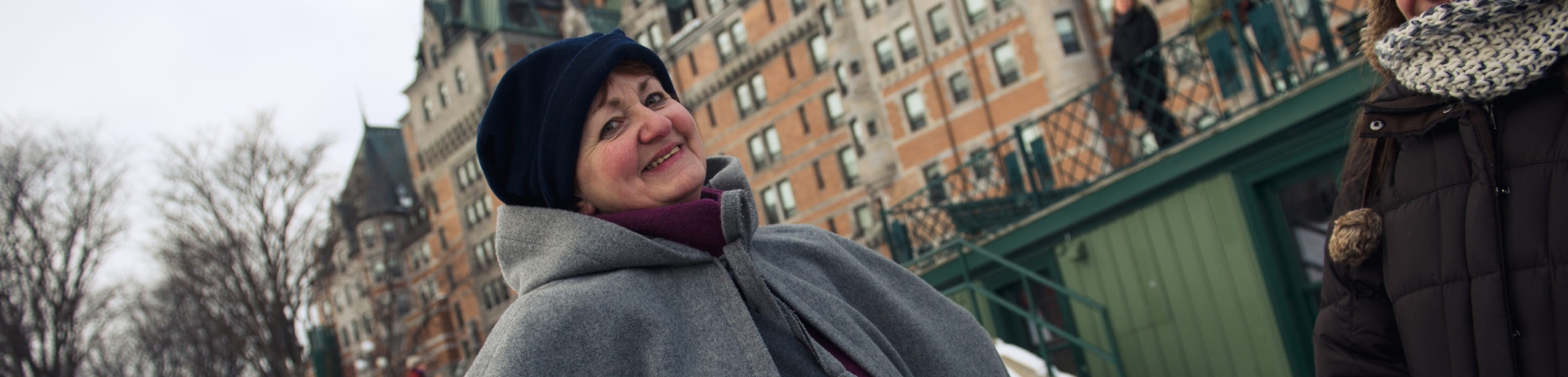 woman dressed up in historical garments in the winter