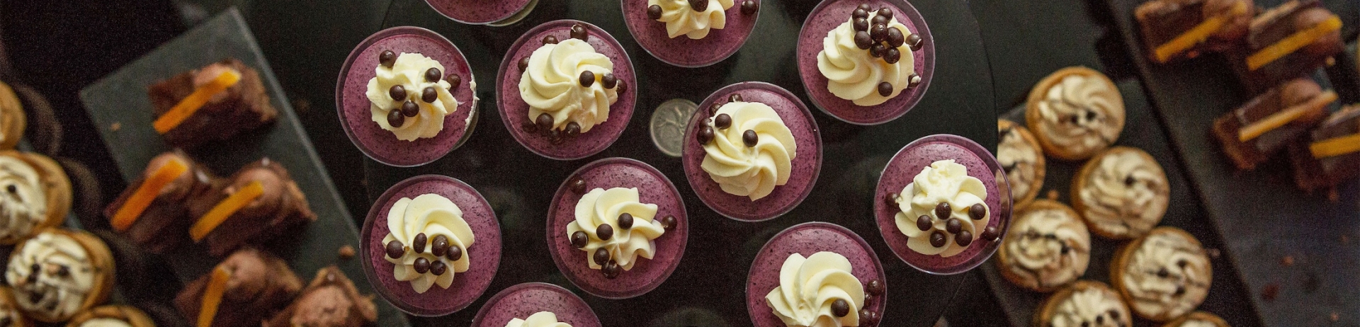Array of baked goods on buffet tables